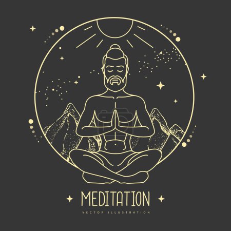Illustration for Handsome man meditation in lotus position in the mountains with starry sky. Vector illustration - Royalty Free Image