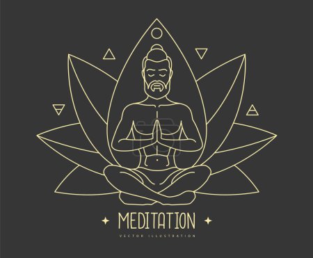 Illustration for Handsome man meditation in lotus position with four elements ans Ether. Lotus flower sign. Vector illustration - Royalty Free Image