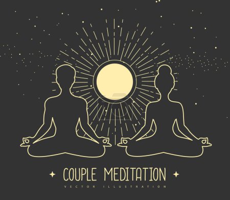 Ilustración de Hombres y mujeres meditando siluetas con sol naciente. Meditación en pareja. Ilustración vectorial - Imagen libre de derechos