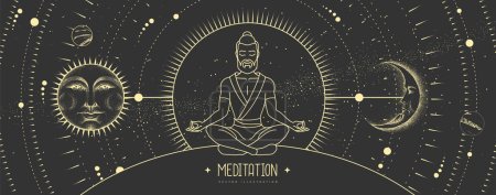 Illustration for Silhouette of meditating man. Sun and moon sign with human face on outer space background. Day and nignt. Vector illustration - Royalty Free Image