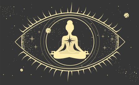 Illustration for Meditating woman silhouette inside the all seeing eye. Modern magic witchcraft astrology background. Vector illustration - Royalty Free Image