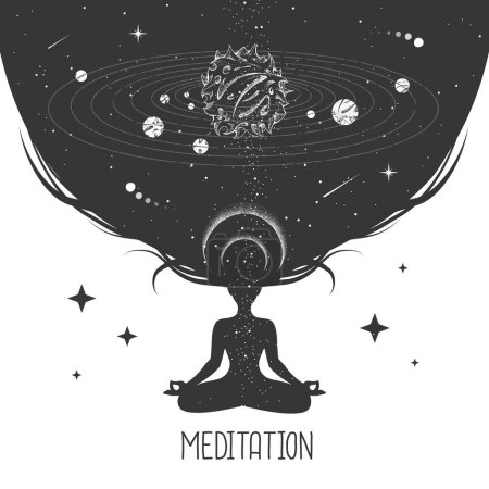 Ilustración de Silueta de mujer meditante con Sistema Solar dentro de cabello largo. Magia brujería astrología antecedentes. Ilustración vectorial - Imagen libre de derechos