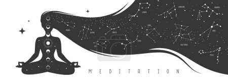 Illustration for Silhouette of meditating woman with zodiac constellations inside long hair. Set of Zodiac signs. Vector illustration - Royalty Free Image