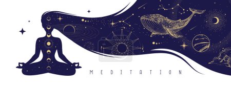 Illustration for Silhouette of meditating woman with outer space inside long hair. Magic witchcraft astrology background. Vector illustration - Royalty Free Image