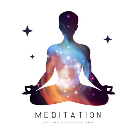 Illustration for Silhouette of meditating man with outer space, universe and stars inside. Vector illustration - Royalty Free Image