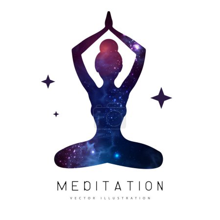 Illustration for Silhouette of meditating woman with outer space, universe and stars inside. Vector illustration - Royalty Free Image