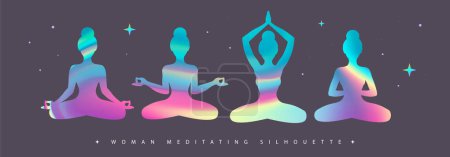 Illustration for Set of holographic meditating woman silhouettes. Vector illustration - Royalty Free Image