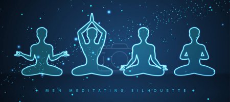 Illustration for Set of blue neon meditating men silhouettes on outer space background. Vector illustration - Royalty Free Image