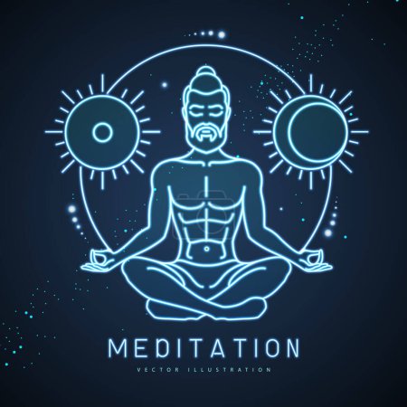 Illustration for Handsome man meditation in lotus position with astrology sun and moon sign. Neon sign. Vector illustration - Royalty Free Image