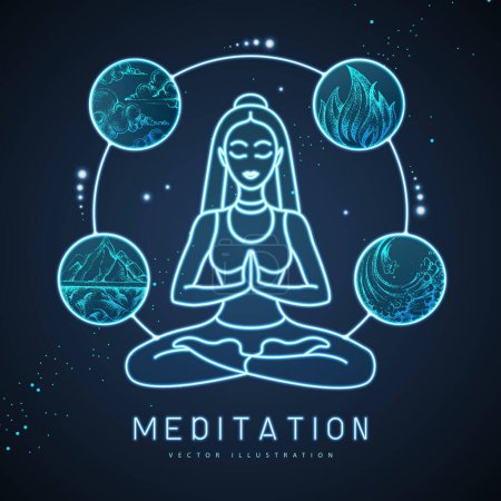 Illustration for Young Woman meditation in lotus position with the four elements. Neon sign. Vector illustration - Royalty Free Image