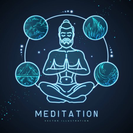 Illustration for Handsome man meditation in lotus position with the four elements. Neon sign. Vector illustration - Royalty Free Image