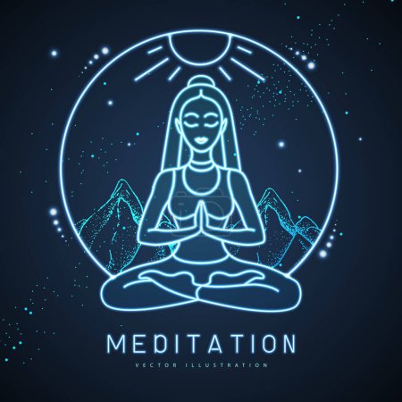 Ilustración de Mujer joven meditación en posición de loto en las montañas con cielo estrellado. Signo de neón. Ilustración vectorial - Imagen libre de derechos