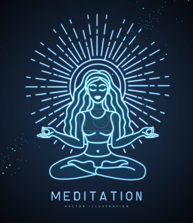 Illustration for Young Woman meditation in lotus position with full moon. Moon astrology sign. Neon sign. Vector illustration - Royalty Free Image