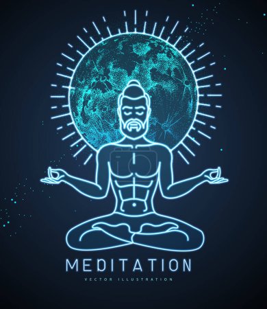 Illustration for Neon handsome man meditation in lotus position with full moon. Moon astrology sign. Vector illustration - Royalty Free Image