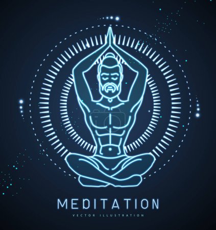 Illustration for Handsome man meditation in lotus position in the rays of the rising sun. Sun astrology sign. Neon sign. Vector illustration - Royalty Free Image