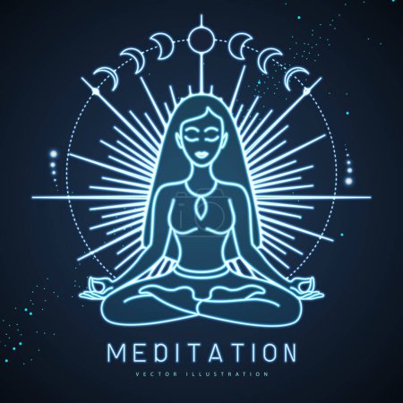 Illustration for Young Woman meditation in lotus position in the rays of the rising sun. Sun and moon astrology sign. Neon sign. Vector illustration - Royalty Free Image