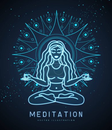 Illustration for Young Woman meditation in lotus position at the sun dawn. Sun astrology sign. Neon sign. Vector illustration - Royalty Free Image