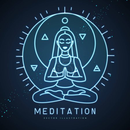 Illustration for Neon young Woman meditation in lotus position in the rays of the rising sun. Neon sun and moon astrology sign. Vector illustration - Royalty Free Image