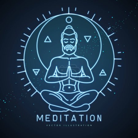 Illustration for Neon handsome man meditation in lotus position in the rays of the rising sun. Neon sun and moon astrology sign. Vector illustration - Royalty Free Image