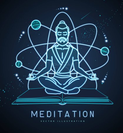 Illustration for Neon handsome man meditation in lotus position on outer space background. Vector illustration - Royalty Free Image