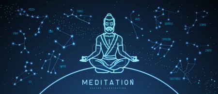 Illustration for Neon meditating man with zodiac constellations in the night sky. Set of Zodiac signs. Vector illustration - Royalty Free Image