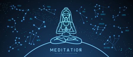 Illustration for Neon silhouette of meditating woman with neon zodiac constellations in the night sky. Set of Zodiac signs. Vector illustration - Royalty Free Image