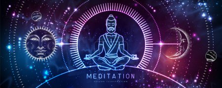Illustration for Neon Silhouette of meditating man. Sun and moon sign with human face on outer space background. Day and nignt. Vector illustration - Royalty Free Image