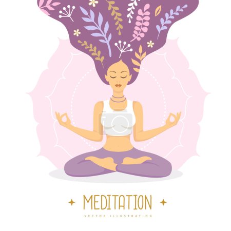 Illustration for Woman meditation with floral elements inside long hair. Vector illustration - Royalty Free Image