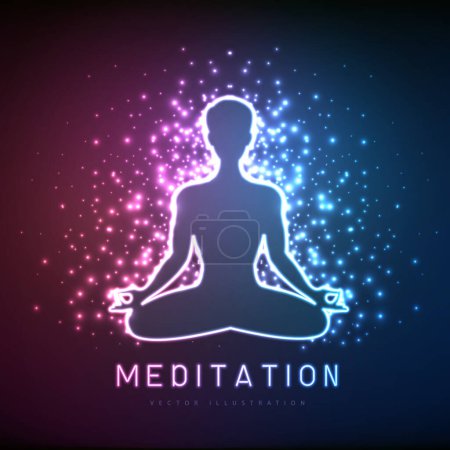 Illustration for Neon meditating men silhouettes on outer space background. Vector illustration - Royalty Free Image