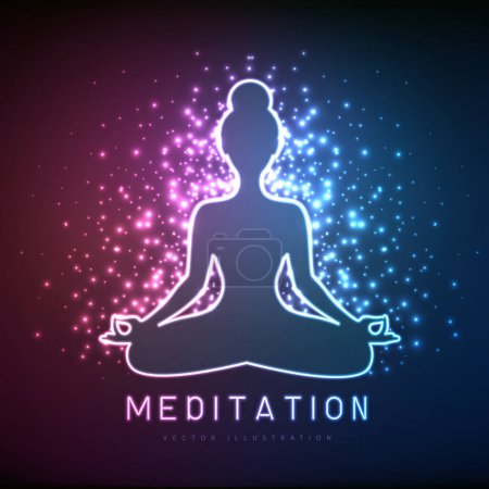 Illustration for Neon meditating woman silhouettes on outer space background. Vector illustration - Royalty Free Image