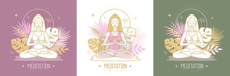 Illustration for Woman meditation in lotus position with floral elements. Vector illustration - Royalty Free Image