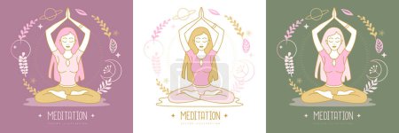 Téléchargez les illustrations : Méditation féminine en position lotus avec des éléments floraux. Illustration vectorielle - en licence libre de droit