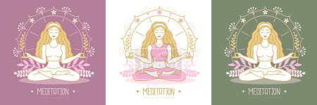 Téléchargez les illustrations : Méditation féminine en position lotus avec des éléments floraux mandala. Illustration vectorielle - en licence libre de droit