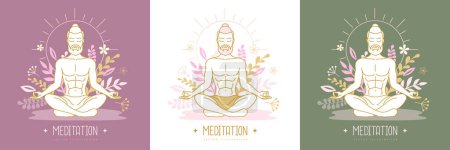 Illustration for Handsome man meditation in lotus position with floral elements. Vector illustration - Royalty Free Image