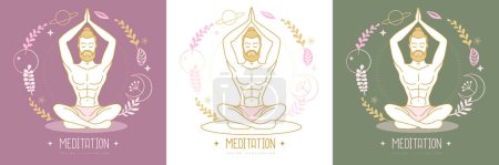 Ilustración de Hombre guapo meditación en posición de loto con elementos florales. Ilustración vectorial - Imagen libre de derechos
