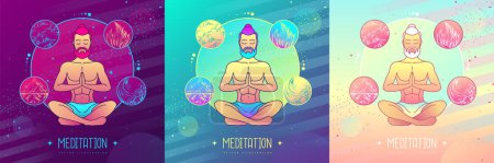 Illustration for Set of colorful handsome men meditation in lotus position with the four elements. Vector illustration - Royalty Free Image