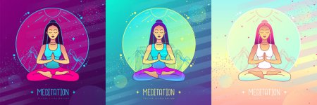 Ilustración de Conjunto de colorida meditación de mujer en posición de loto en las montañas con cielo estrellado. Ilustración vectorial - Imagen libre de derechos