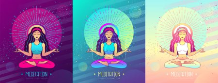 Ilustración de Conjunto de colorida meditación de mujer joven en posición de loto al amanecer. Signo de astrología solar. Ilustración vectorial - Imagen libre de derechos