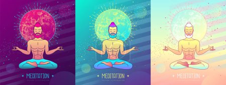 Illustration for Set of colorful men meditation in lotus position with full moon. Moon astrology sign. Vector illustration - Royalty Free Image