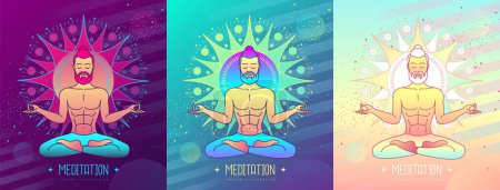 Illustration for Set of colorful men meditation in lotus position at the sun dawn. Sun astrology sign. Vector illustration - Royalty Free Image