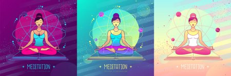 Ilustración de Conjunto de colorida meditación de mujer joven en posición de loto en el fondo del espacio exterior. Ilustración vectorial - Imagen libre de derechos
