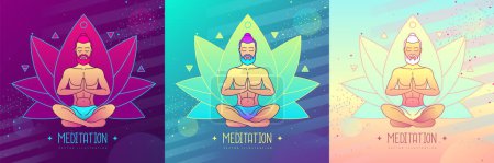 Illustration for Set of colorful men meditation in lotus position with four elements ans Ether. Lotus flower sign. Vector illustration - Royalty Free Image