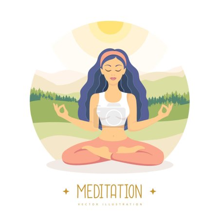 Illustration for Yound Woman meditation in lotus position on beautiful nature landscape. Vector illustration - Royalty Free Image