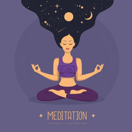 Frau meditiert mit Sonnensystem in langen Haaren. Magische Hexerei Astrologie Hintergrund. Vektorillustration