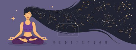 Téléchargez les illustrations : Méditation féminine avec constellations du zodiaque à l'intérieur des cheveux longs. Ensemble de signes du zodiaque. Illustration vectorielle - en licence libre de droit