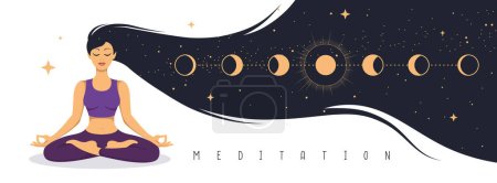 Téléchargez les illustrations : Méditation femme avec système solaire à l'intérieur des cheveux longs. Magie sorcellerie astrologie fond. Illustration vectorielle - en licence libre de droit