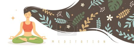 Illustration for Woman meditation with floral elements inside long hair. Vector illustration - Royalty Free Image