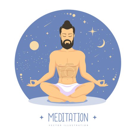 Illustration for Handsome man meditation with outer space background. Magic witchcraft astrology background. Vector illustration - Royalty Free Image