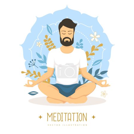 Schöner junger Mann meditiert in Lotusposition mit floralen Elementen und Mandala. Vektorillustration