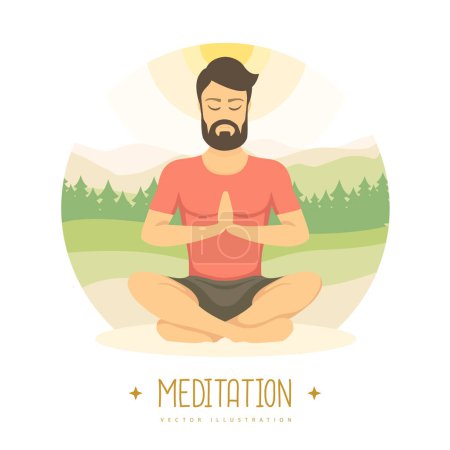 Illustration for Young man meditation in lotus position on beautiful nature landscape. Vector illustration - Royalty Free Image